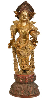 Handmade brass Radha Ji statue, ornate standing figure on carved base, 17 in