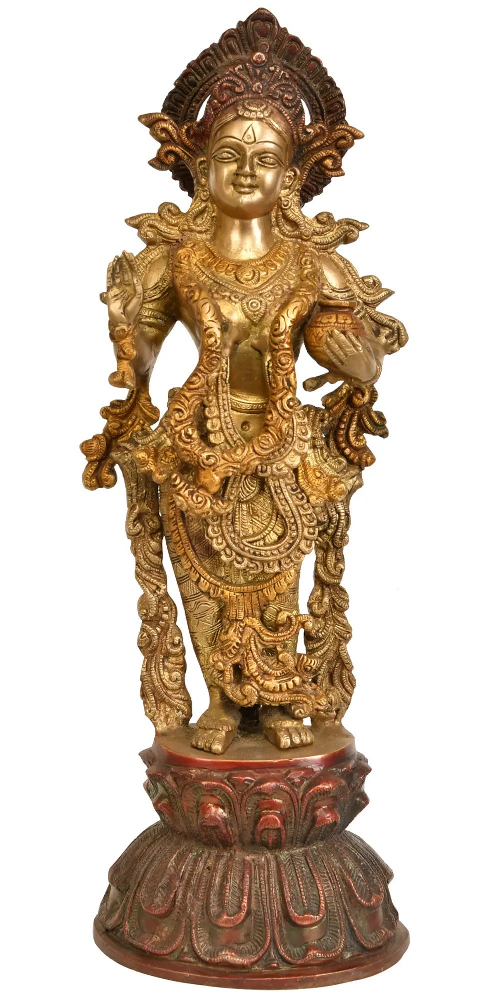 Handmade brass Radha Ji statue, ornate standing figure on carved base, 17 in