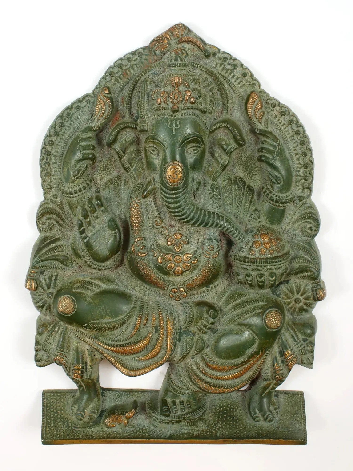 Brass Green gold Idol of Lord Ganesha Seated on a Throne, Bestowing Blessings 11 inches