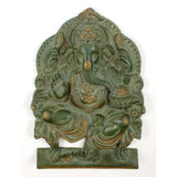 Green and gold Lord Ganesha idol, seated on a throne, 11 inches