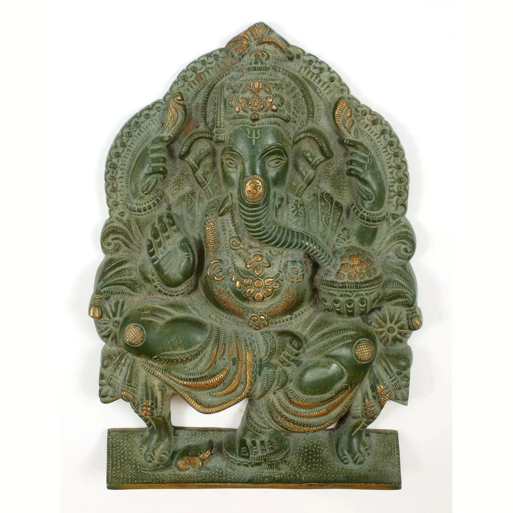 Green and gold Lord Ganesha idol, seated on a throne, 11 inches