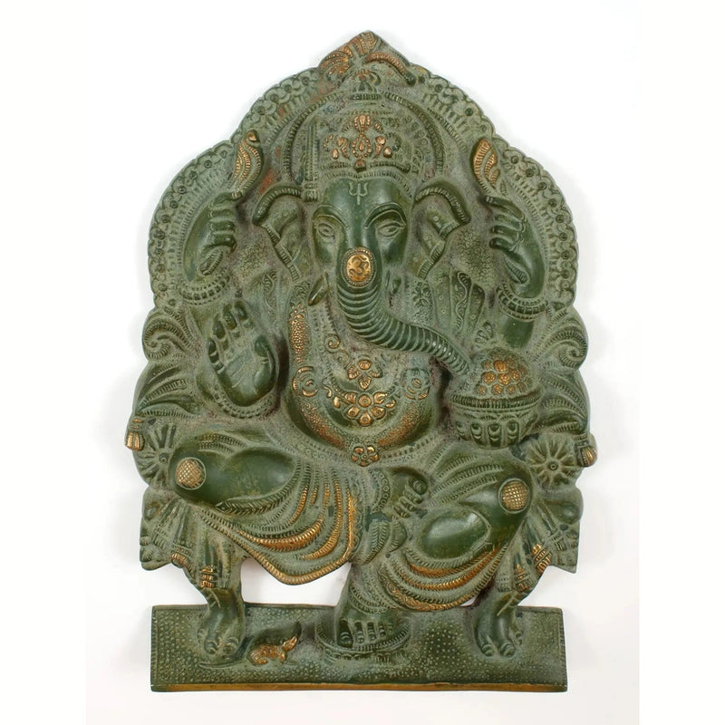 Brass Green gold Idol of Lord Ganesha Seated on a Throne, Bestowing Blessings 11 inches