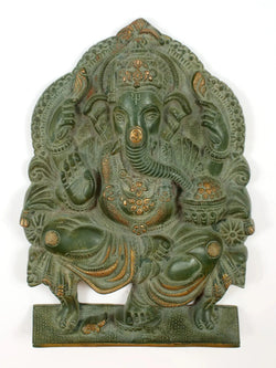 Brass Green gold Idol of Lord Ganesha Seated on a Throne, Bestowing Blessings 11 inches