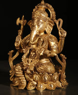 Brass Ganesha statue seated, blessing hand gesture, ornate headdress and robe