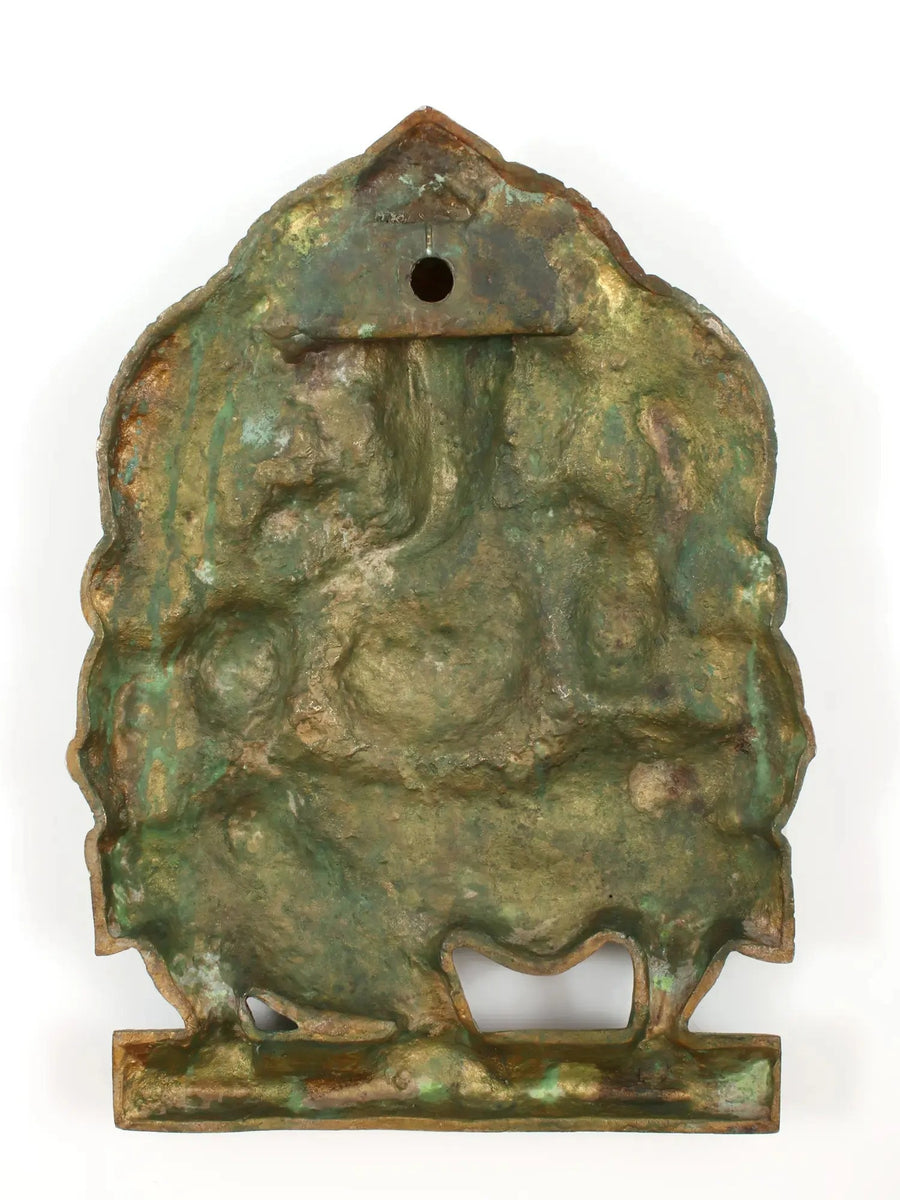 Brass Green gold Idol of Lord Ganesha Seated on a Throne, Bestowing Blessings 11 inches Craft Detail