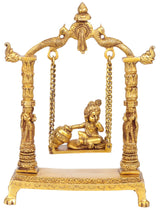 Handmade brass Krishna butter swing statue with chains and pedestal base, 11 in.