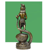 Brass Kaliya Krishna sculpture (15 cm), back/side view on serpent hood pedestal