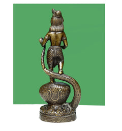 Brass Kaliya Krishna sculpture (15 cm), back/side view on serpent hood pedestal