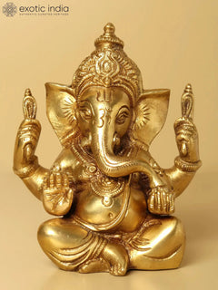 Lord Ganesha statue, golden blessing pose, Om on forehead, 5 inches tall.