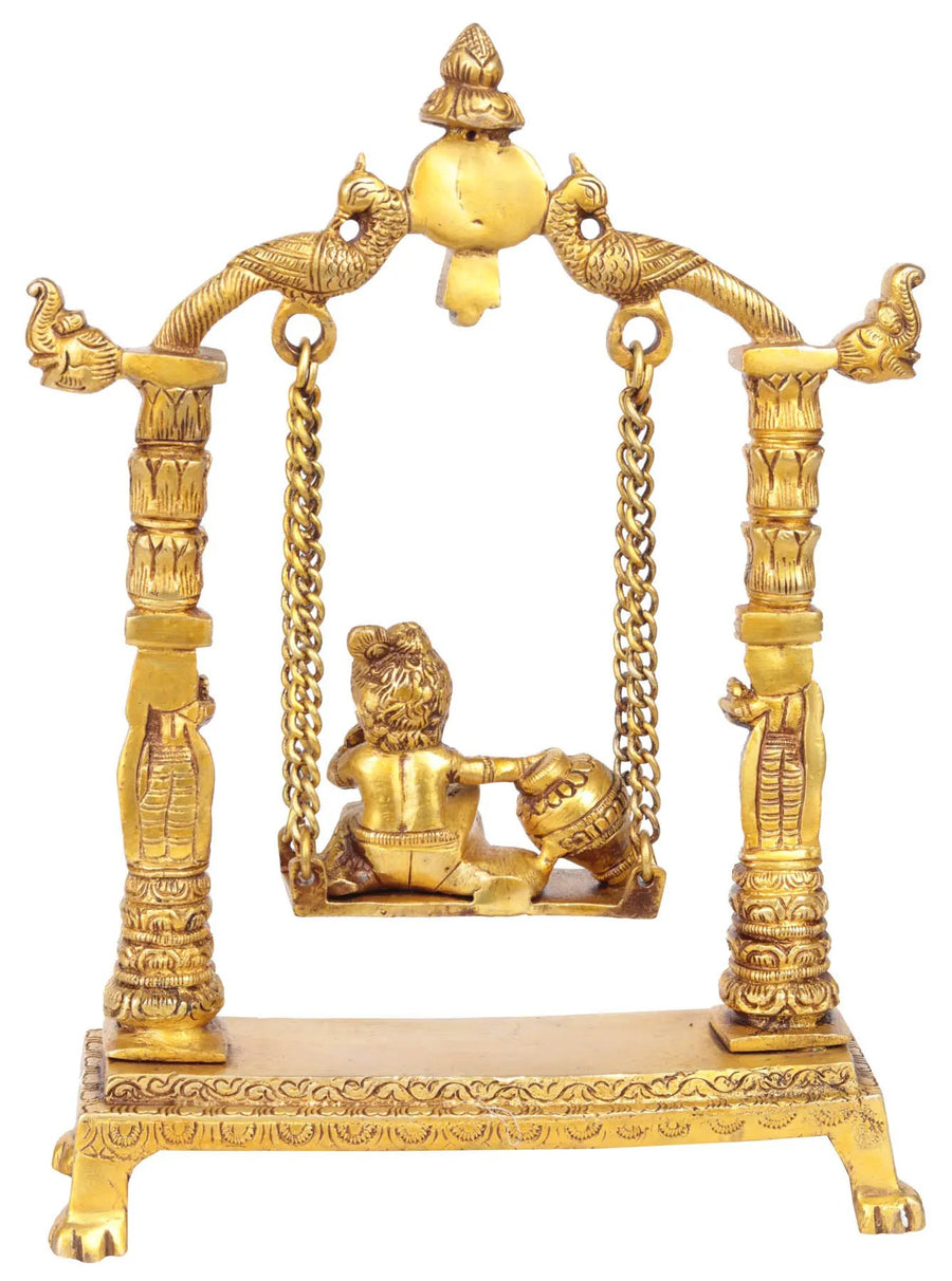 Handmade Brass Statue of Butter Krishna on a Swing 11 inches Craft Detail