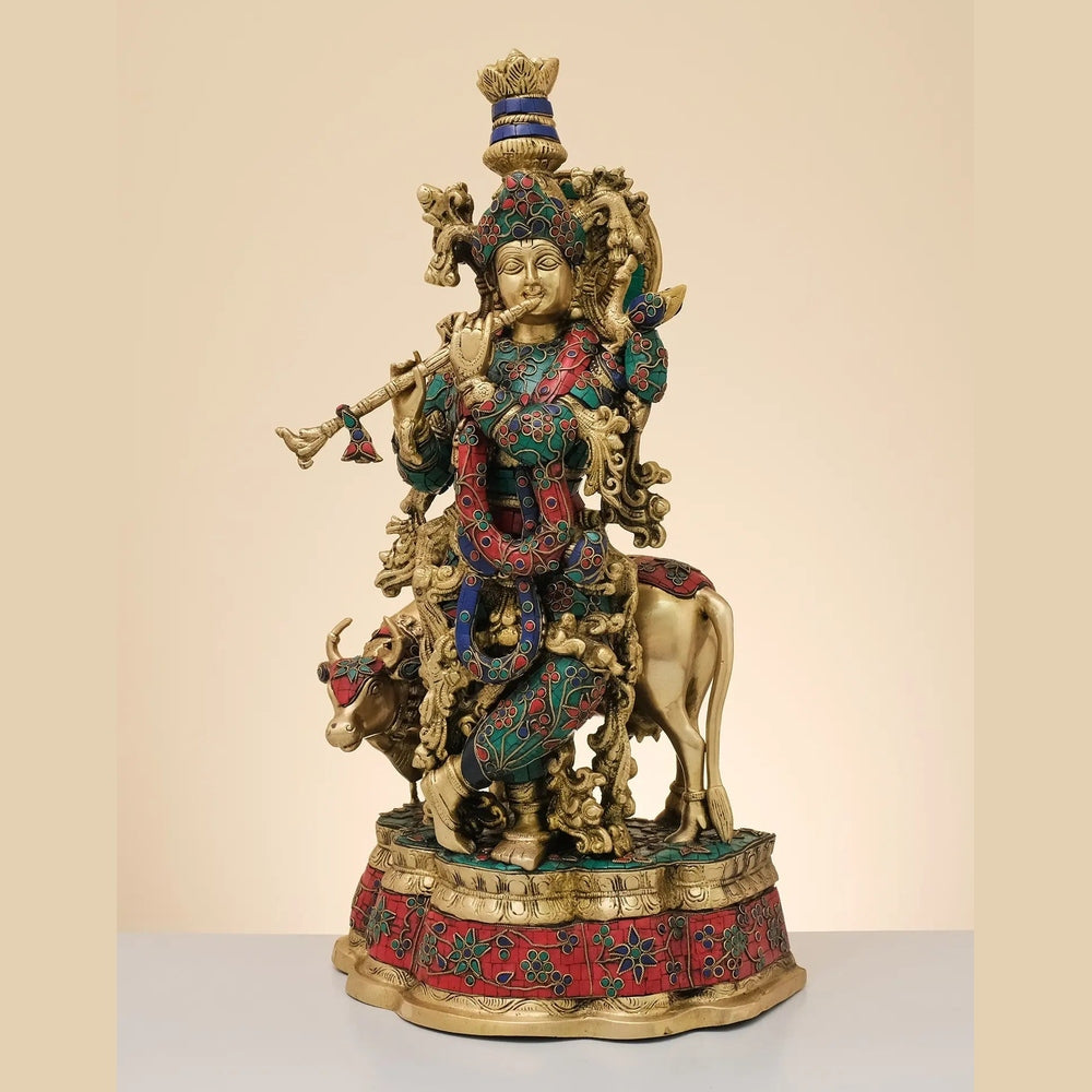 Handmade Brass Sculpture of Krishna Playing the Flute with His Cow 23 inches