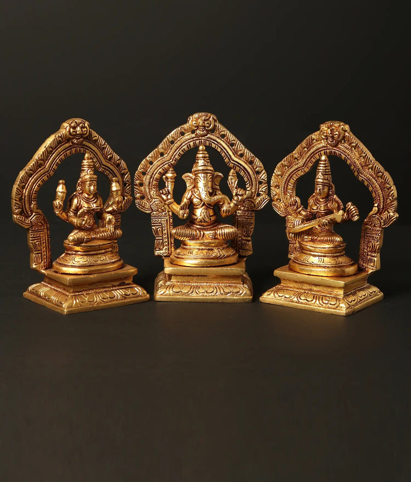 Brass Small trio of Lakshmi, Ganesha, and Saraswati (Height: 5 inches)