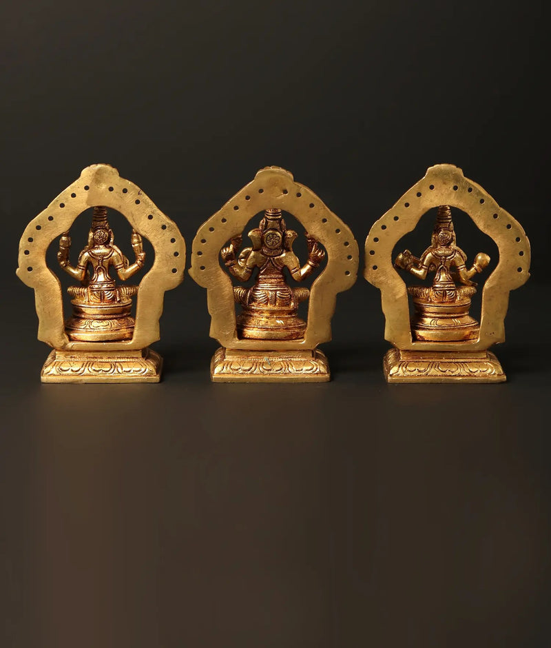 Brass Small trio of Lakshmi, Ganesha, and Saraswati (Height: 5 inches)