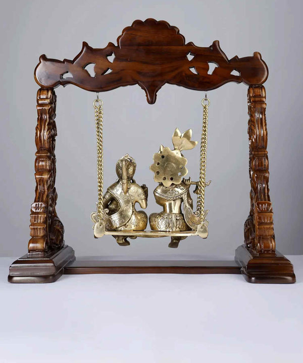 Brass And Wood Radha-Krishna Statue on a Swing 20 inches Study Setting