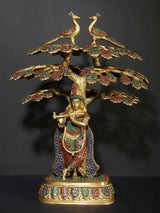 AONA 15-inch brass Shri Krishna flute statue under Kadamba tree with jeweled inlay
