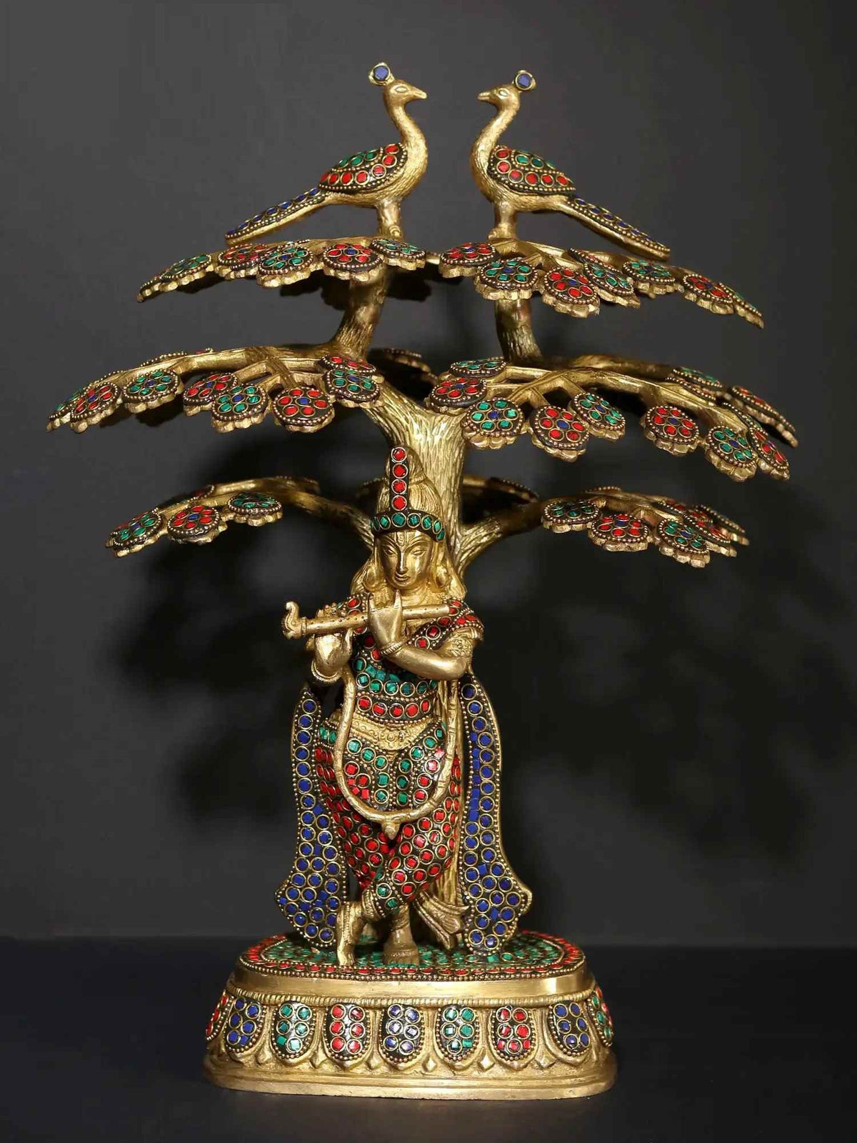 AONA 15-inch brass Shri Krishna flute statue under Kadamba tree with jeweled inlay