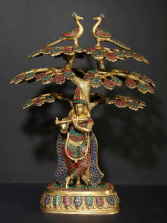 AONA 15-inch brass Shri Krishna flute statue under Kadamba tree with jeweled inlay