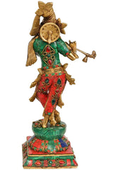 Brass Krishna statue from back, green sleeves and red jeweled dhoti, flute