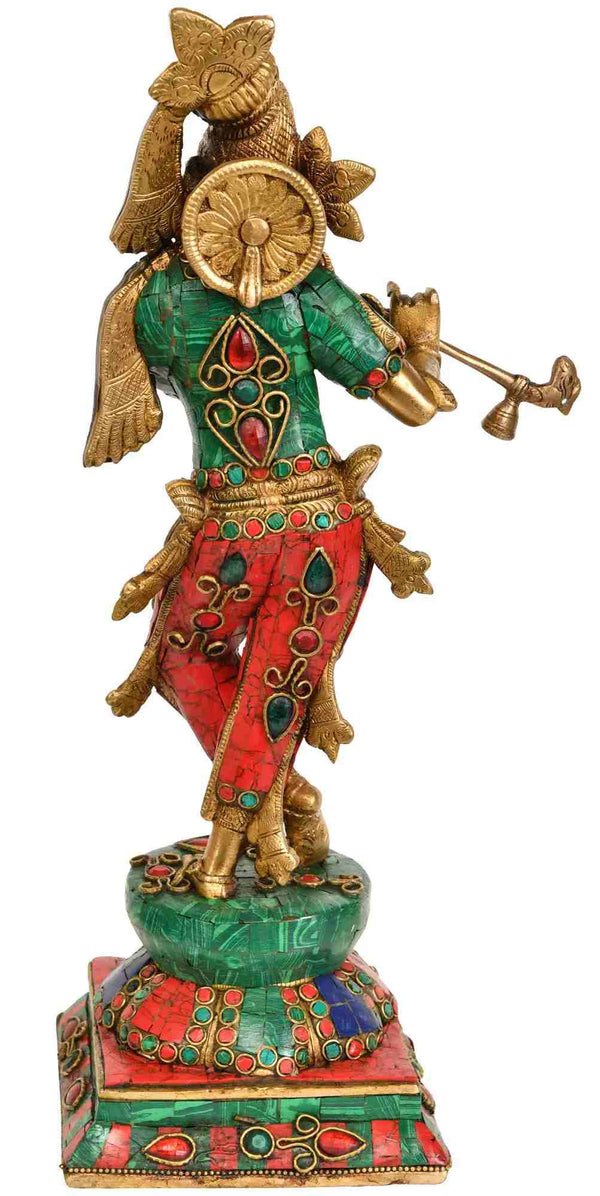 Brass Statue of Lord Krishna Playing the Flute 14 Inches