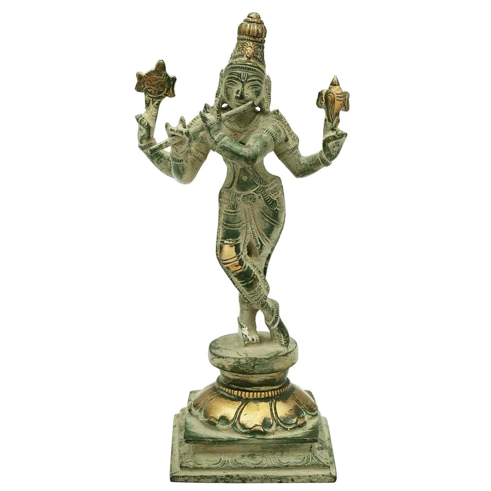 Handmade patina gold brass Lord Murli Krishna statue, standing with raised arms