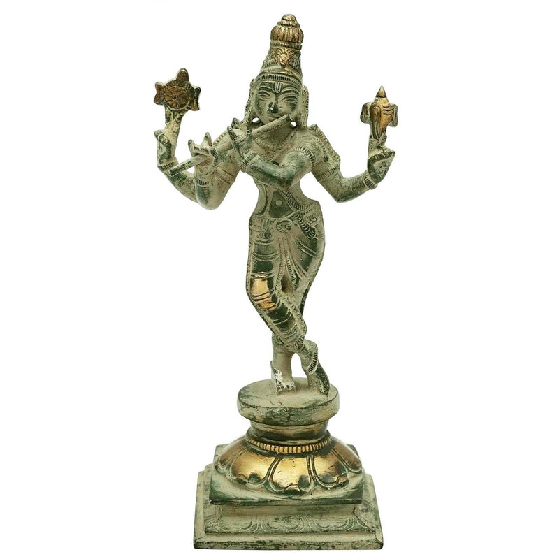 Handmade Patina Gold Brass Lord Murli Krishna Statue 7.2 INCHES