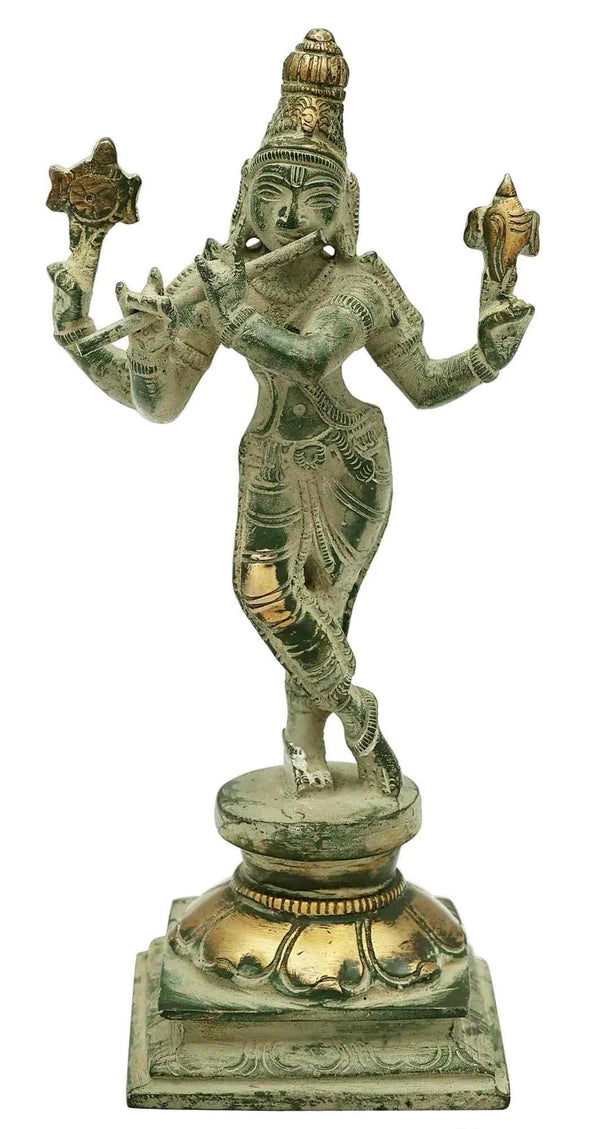 Handmade Patina Gold Brass Lord Murli Krishna Statue 7.2 INCHES