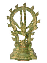 Green patina brass Nataraja Shiva sculpture, circular halo and raised hands