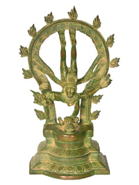 Green patina brass Nataraja Shiva sculpture, circular halo and raised hands