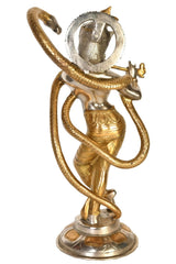 Brass Krishna and Kaliya statue side view, flute in hand, 15 inch