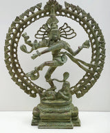 Antiqued brass Nataraja statue, 20-inch dancing figure in circular ornate frame