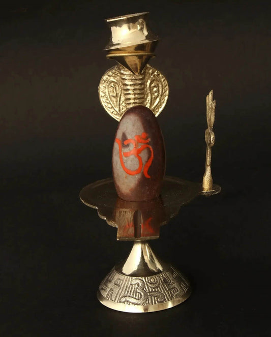 Shiva Linga with Trishul, Patra, and Nag Brass Figure | Stone 12.5 cm