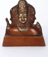 Small brass Trimurti statue front view with Brahma, Vishnu, Mahesha faces