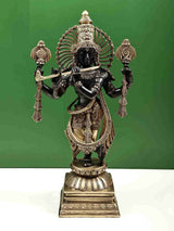 Handmade black brass Krishna flute statue with ornate crown and raised arms, 24 in
