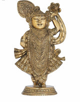 Natural brass Shrinathji idol of Krishn, gold-toned, one hand raised and flute
