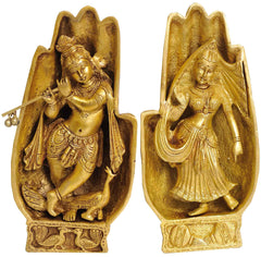 Brass Radha Krishna folded-hands statue with Radha & Krishna figures, 8 in