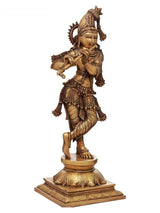 Krishna brass flute-playing statue, side view, detailed draped garment and jewelry