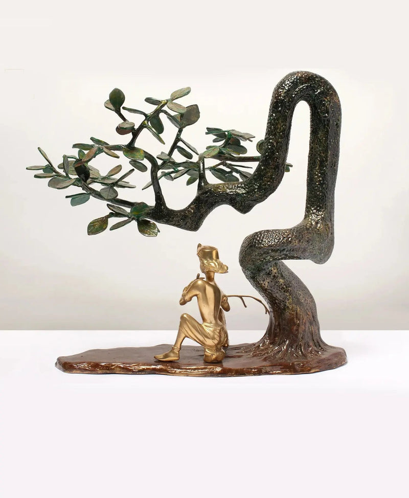 Brass Statue of Lord Krishna Playing the Flute Under a Tree 19 Inches