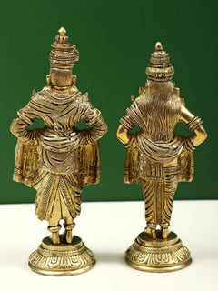 Brass statue pair of Vitthal and Rukmini in ornate robes, on pedestal, 8 inch