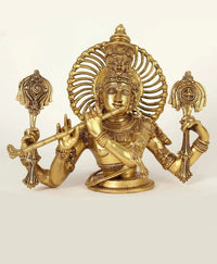 Brass Krishna bust statue, front view, detailed face, four arms with musical props
