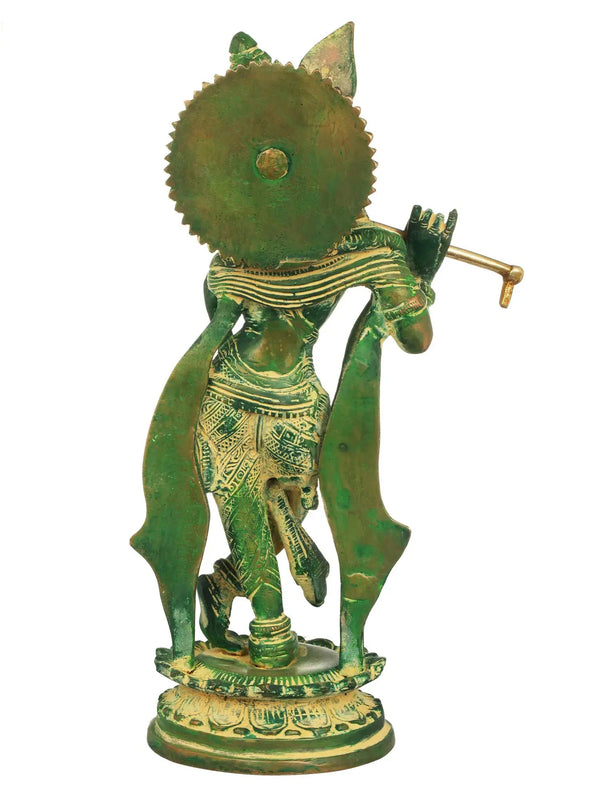 Handcrafted Green Chala Brass Krishna Statue 11 inches Study Setting