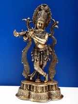 Natural brass standing Krishna with flute pose, detailed patterned cloak, 14 in