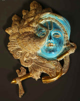 Krishna brass wall mask with ornate fluting fan and turquoise face, 13 in
