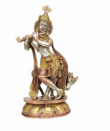 Bronze-toned brass Krishna sculpture with cow, 13 inches, playing flute