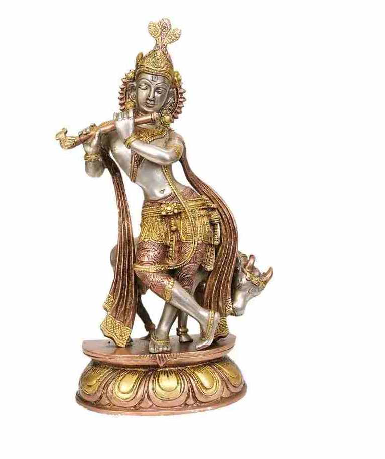 Bronze-toned brass Krishna sculpture with cow, 13 inches, playing flute