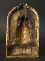 Back view of brass Lord Shiva head idol, textured patina and arched head frame