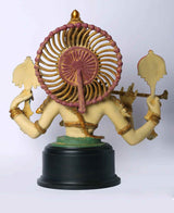 Back view brass Krishna bust with red-gold halo, multiple arms on base
