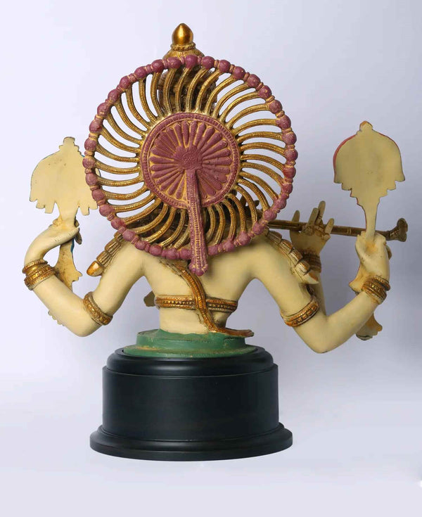 Colourful Brass Bust of Chaturbhuja Venugopal (Krishna) on Wooden Base 18 Inches Study Setting
