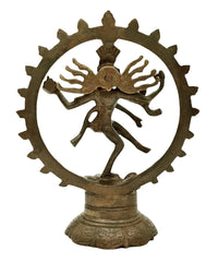 Antique brass Nataraja idol from back angle, arms spread in circular halo
