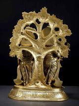 Back view brass statue: Radha and Krishna beneath carved tree with base