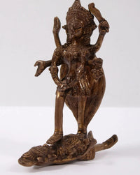 Goddess Kali brass statue, 6 inch, seated pose with raised hands and weapon-like item